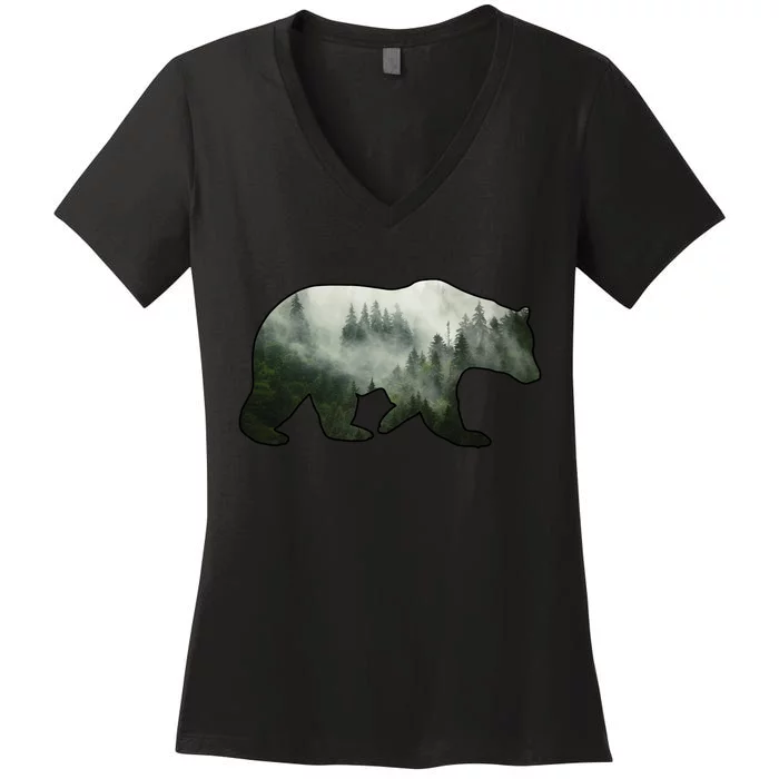 Bear Misty Forest Wilderness Women's V-Neck T-Shirt