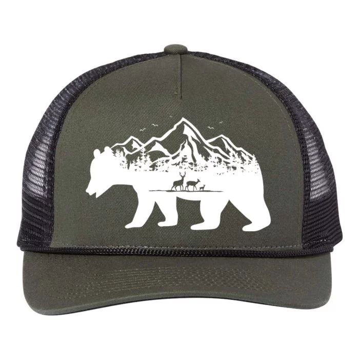 Bear Mountains With Deer Family Nature Fan Retro Rope Trucker Hat Cap