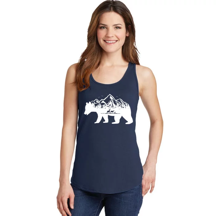 Bear Mountains With Deer Family Nature Fan Ladies Essential Tank