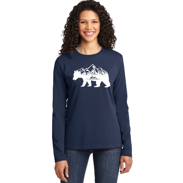 Bear Mountains With Deer Family Nature Fan Ladies Long Sleeve Shirt