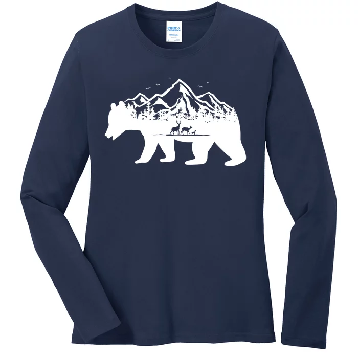 Bear Mountains With Deer Family Nature Fan Ladies Long Sleeve Shirt