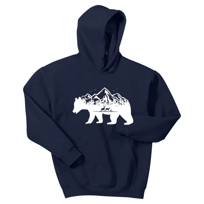 Bear Mountains With Deer Family Nature Fan Kids Hoodie