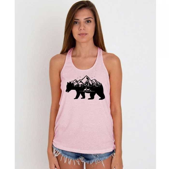 Bear Mountains With Deer Family Nature Fan Women's Knotted Racerback Tank