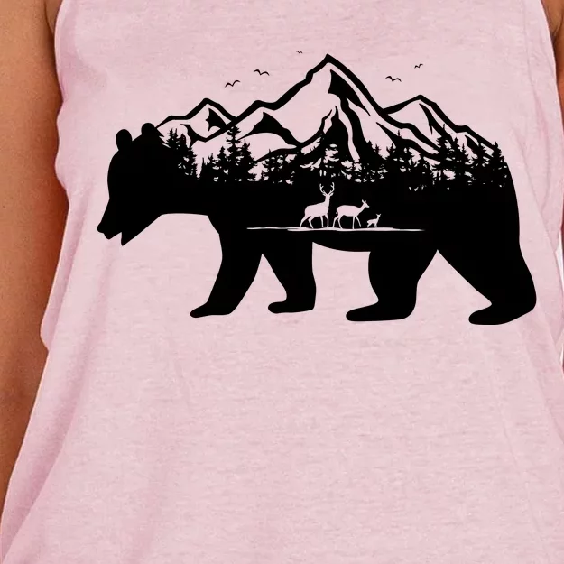 Bear Mountains With Deer Family Nature Fan Women's Knotted Racerback Tank