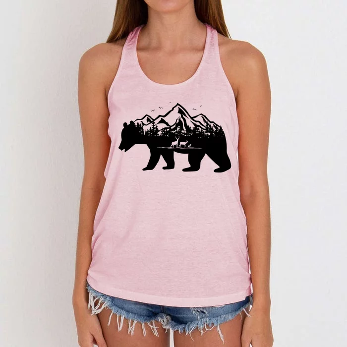 Bear Mountains With Deer Family Nature Fan Women's Knotted Racerback Tank