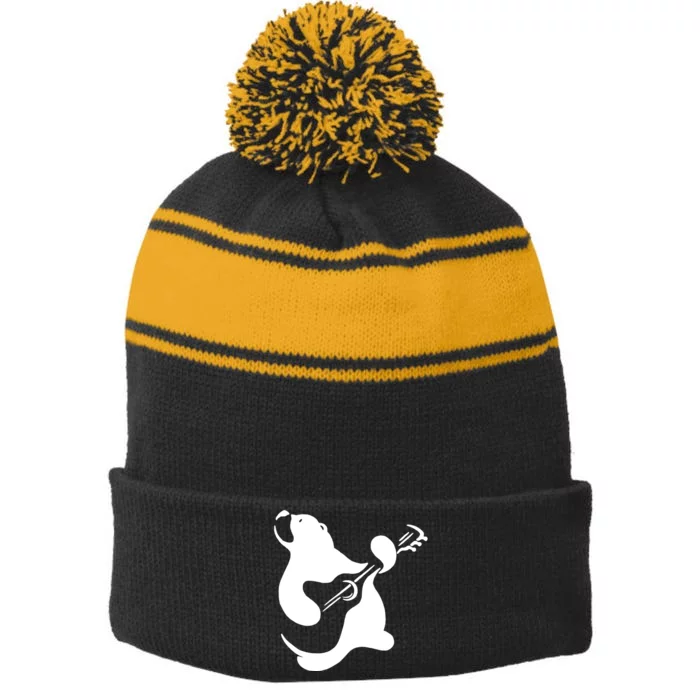 Bear Rocks Playing Guitar Stripe Pom Pom Beanie