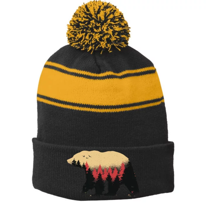 Bear Trees Stripe Pom Pom Beanie