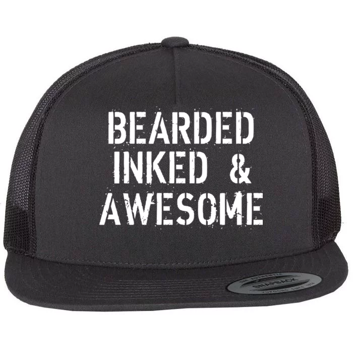 Bearded Inked & Awesome Beard Tattoo Logo Flat Bill Trucker Hat