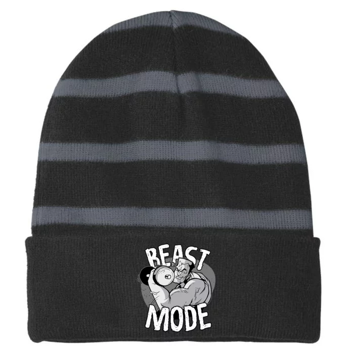 Beast Mode Bodybuilder Striped Beanie with Solid Band