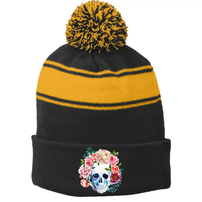 Beautiful Flower Skull Stripe Pom Pom Beanie