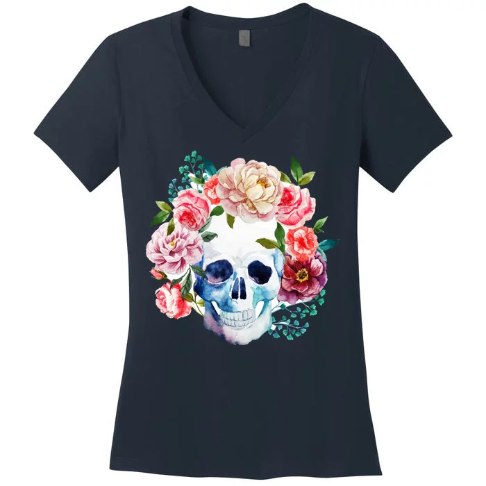 Beautiful Flower Skull Women's V-Neck T-Shirt