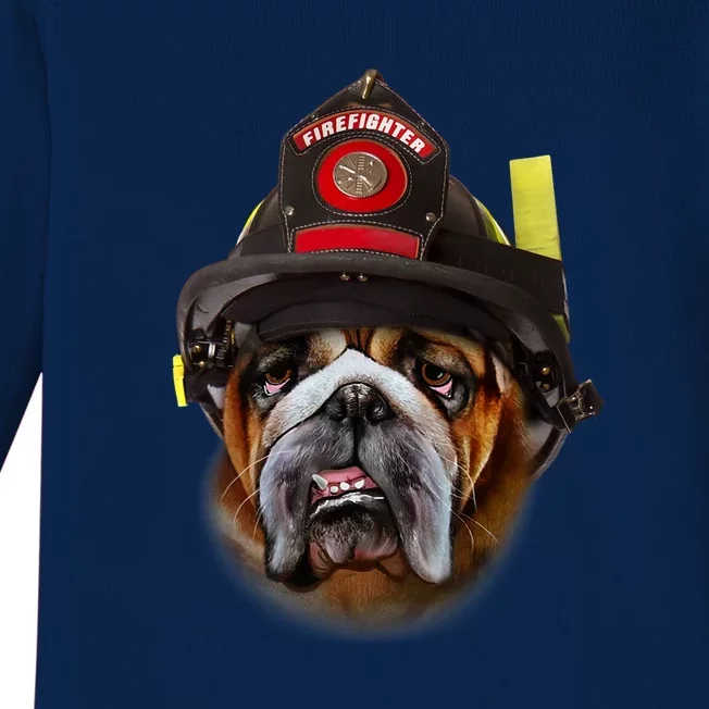 Brave English Bull Dog In Firefighter Helmet Rescue Baby Long Sleeve Bodysuit