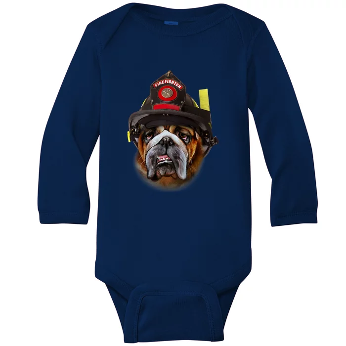 Brave English Bull Dog In Firefighter Helmet Rescue Baby Long Sleeve Bodysuit