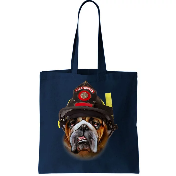 Brave English Bull Dog In Firefighter Helmet Rescue Tote Bag