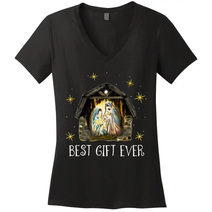 Best Ever Christmas Cool Jesus Nativity Scene Christian Women's V-Neck T-Shirt