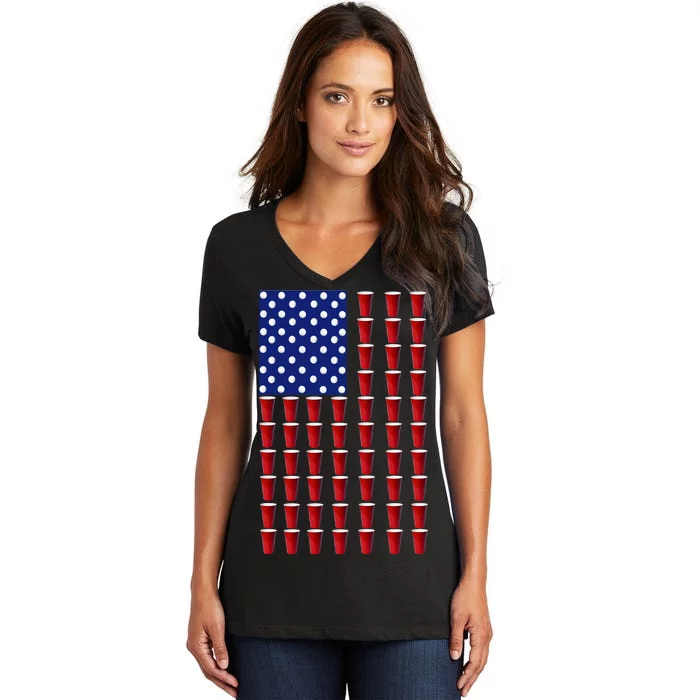 Beer Pong USA American Flag Women's V-Neck T-Shirt