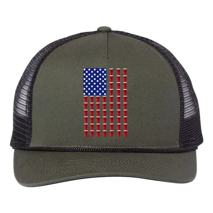 Beer Pong USA American Flag Retro Rope Trucker Hat Cap