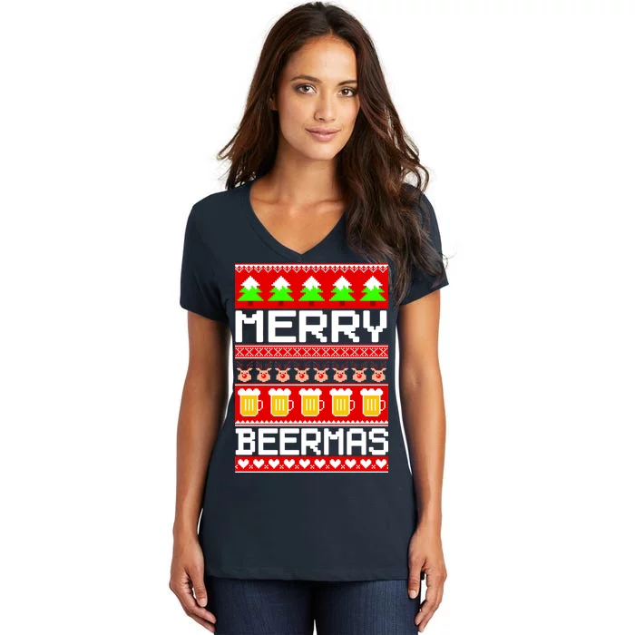 Beer Ugly Christmas Sweater Merry Beermas Women's V-Neck T-Shirt