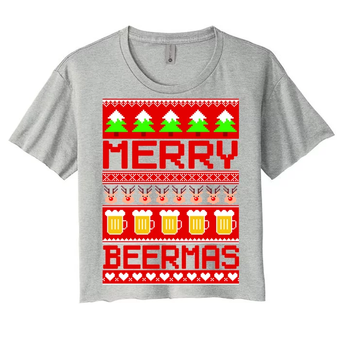 Beer Ugly Christmas Sweater Merry Beermas Women's Crop Top Tee