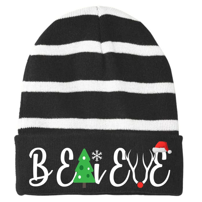 Believe In Christmas Cute Striped Beanie with Solid Band