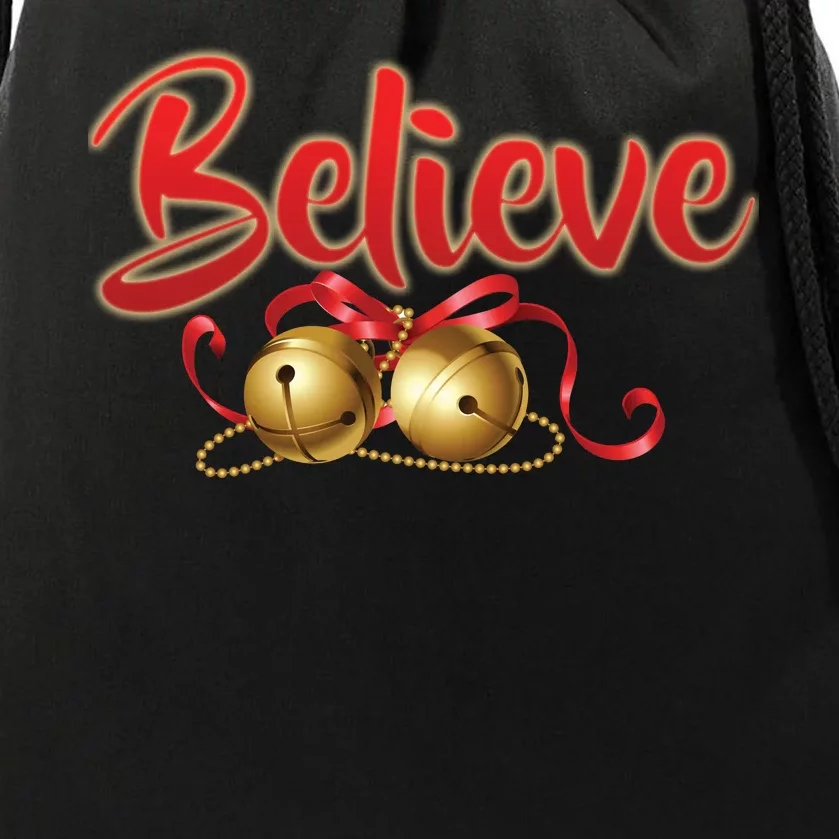 Believe In Christmas Jingle Bells Drawstring Bag