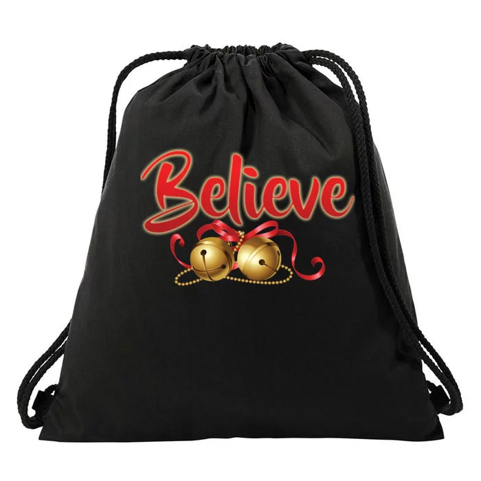 Believe In Christmas Jingle Bells Drawstring Bag