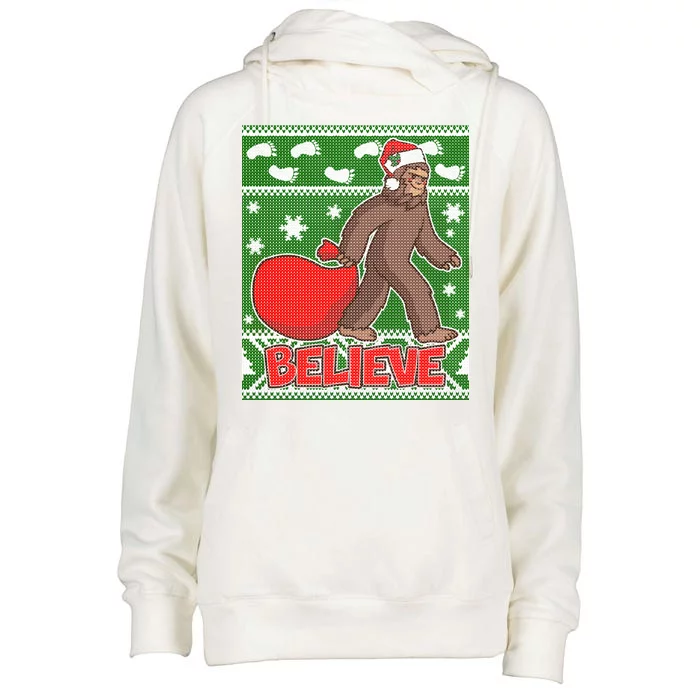 Believe In Santa Bigfoot Ugly Christmas Womens Funnel Neck Pullover Hood