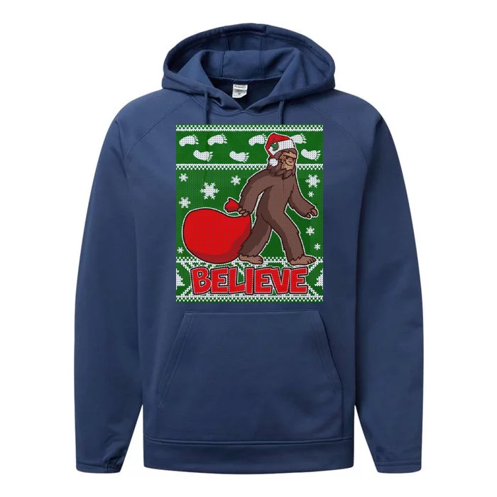 Believe In Santa Bigfoot Ugly Christmas Performance Fleece Hoodie