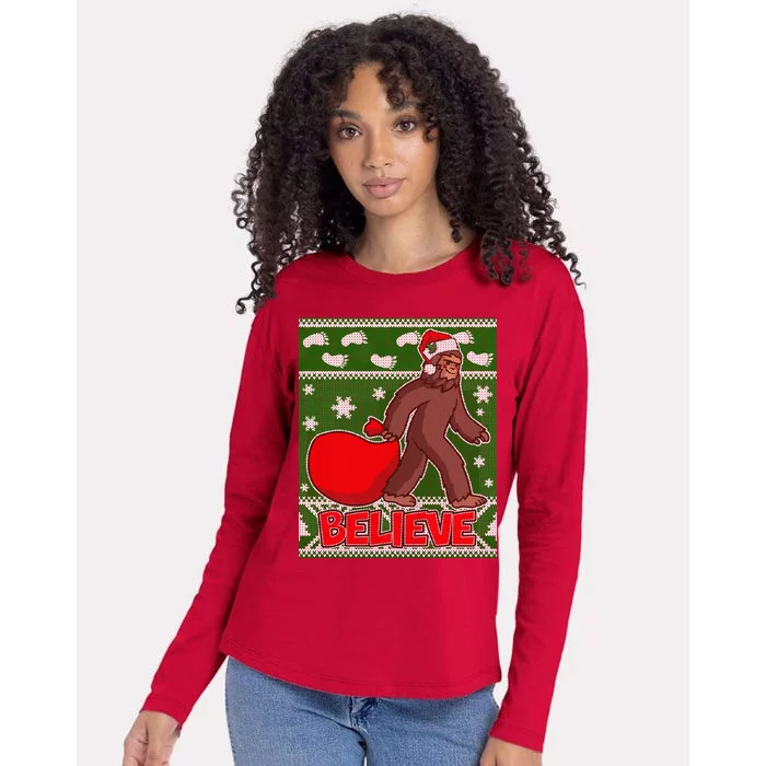 Believe In Santa Bigfoot Ugly Christmas Womens Cotton Relaxed Long Sleeve T-Shirt