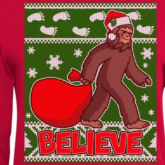 Believe In Santa Bigfoot Ugly Christmas Womens Cotton Relaxed Long Sleeve T-Shirt