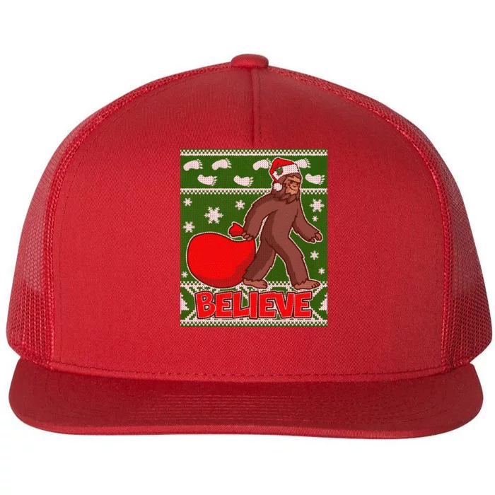 Believe In Santa Bigfoot Ugly Christmas Flat Bill Trucker Hat