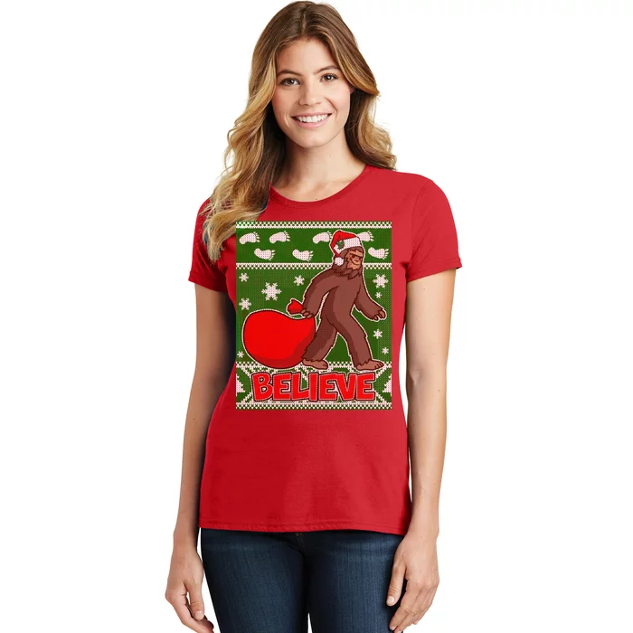 Believe In Santa Bigfoot Ugly Christmas Women's T-Shirt