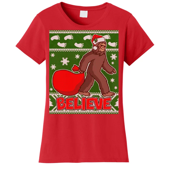 Believe In Santa Bigfoot Ugly Christmas Women's T-Shirt