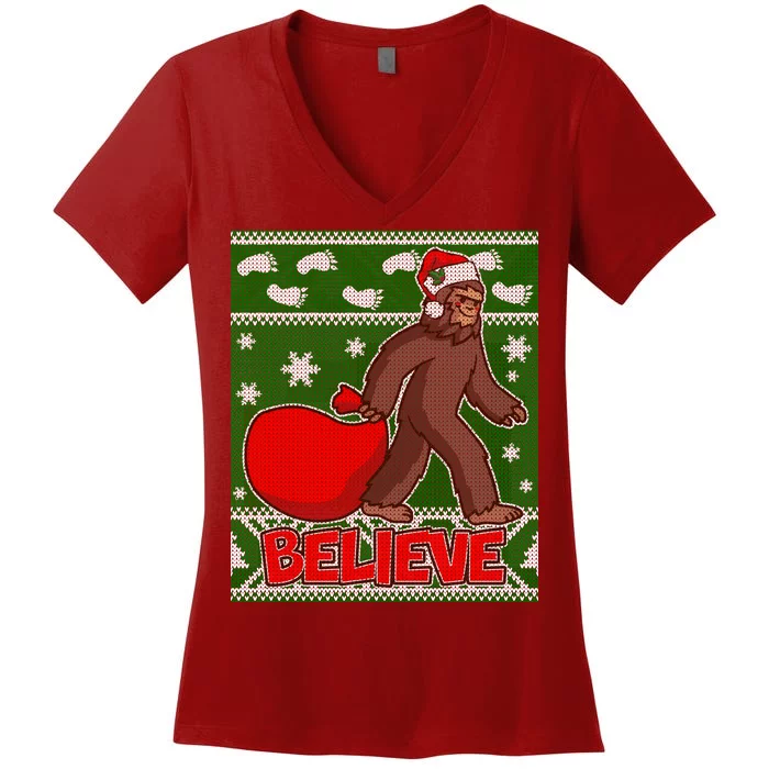 Believe In Santa Bigfoot Ugly Christmas Women's V-Neck T-Shirt