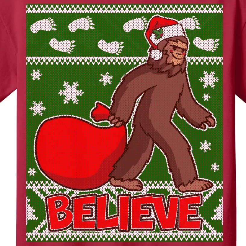 Believe In Santa Bigfoot Ugly Christmas Kids T-Shirt