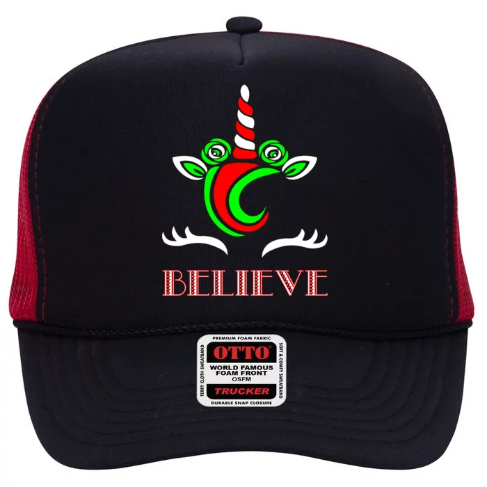 Believe Unicorn Christmas High Crown Mesh Trucker Hat