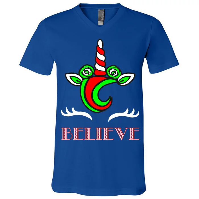 Believe Unicorn Christmas V-Neck T-Shirt