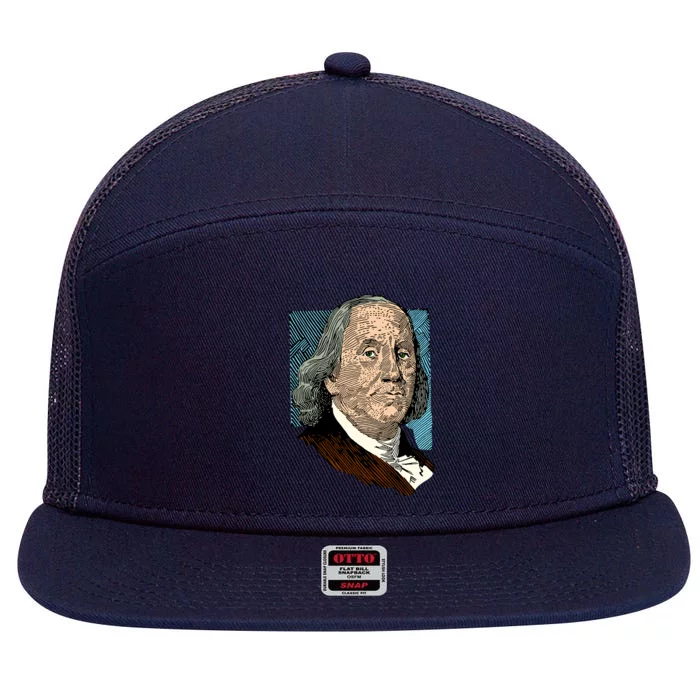 Benjamin Franklin Portrait 7 Panel Mesh Trucker Snapback Hat