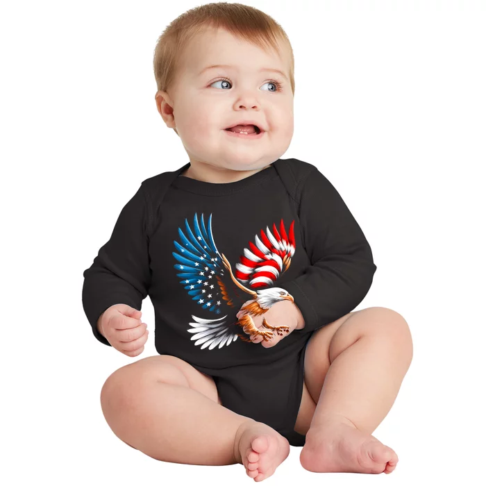 Bald Eagle & Patriotic American Flag 4th Of July Baby Long Sleeve Bodysuit