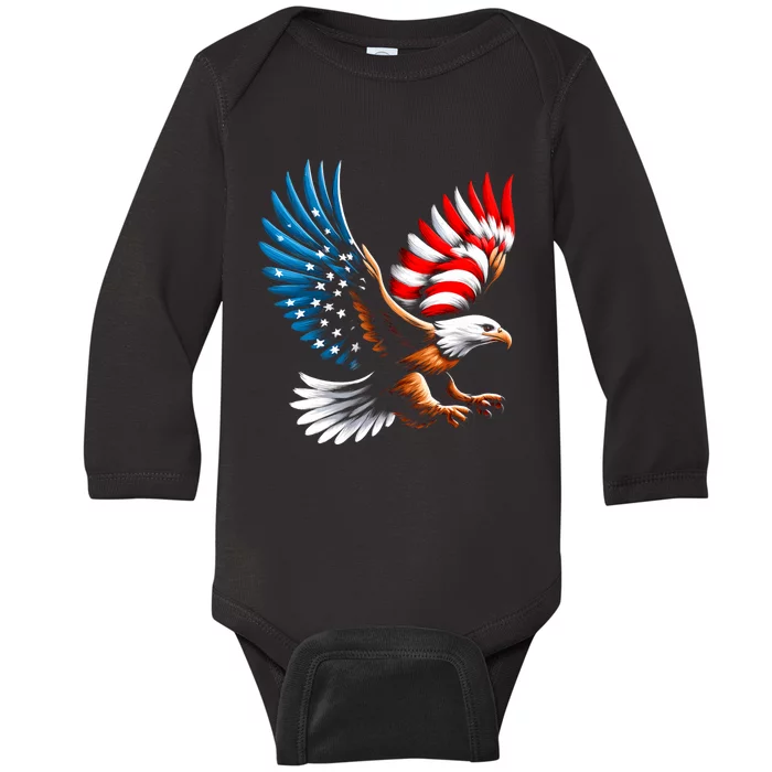 Bald Eagle & Patriotic American Flag 4th Of July Baby Long Sleeve Bodysuit