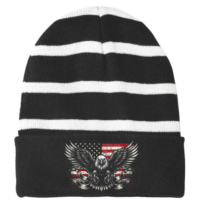 Bald Eagle Patriotic American Eagle Striped Beanie with Solid Band