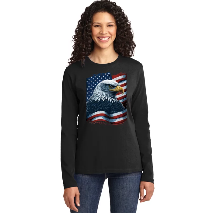 Bald Eagle Proud Patriotic American Us Flag 4th Of July Ladies Long Sleeve Shirt