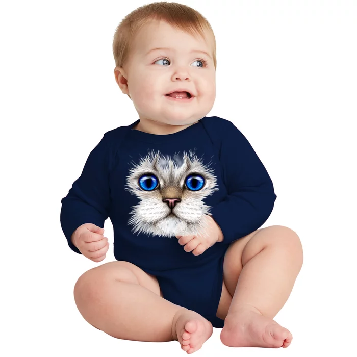 Blue Eyed Realistic Cat Face Baby Long Sleeve Bodysuit