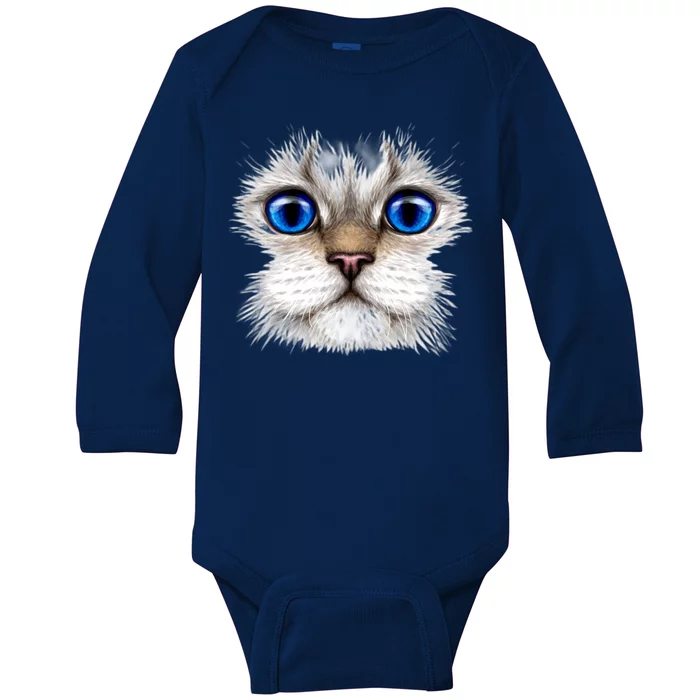 Blue Eyed Realistic Cat Face Baby Long Sleeve Bodysuit