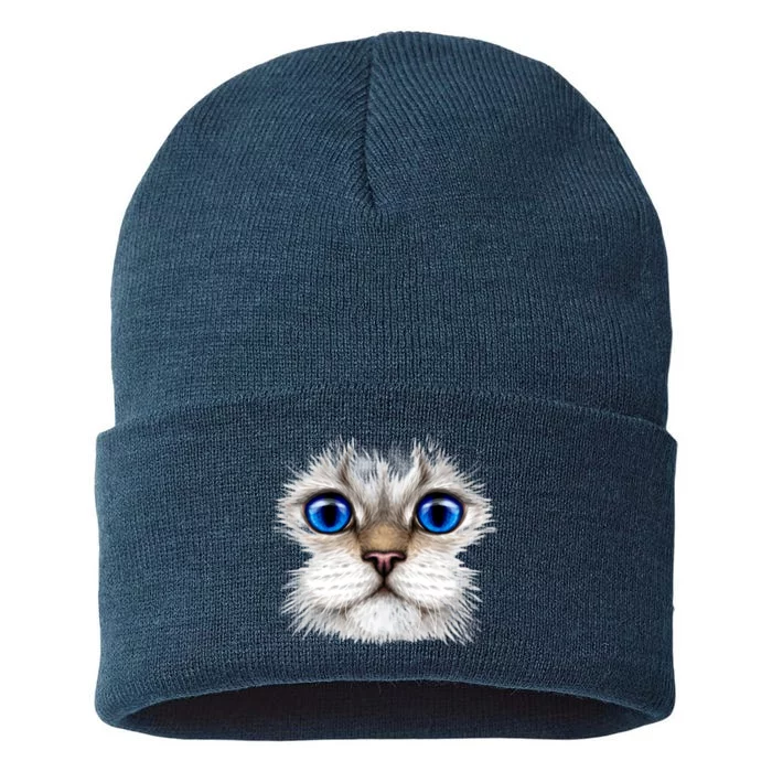 Blue Eyed Realistic Cat Face Sustainable Knit Beanie