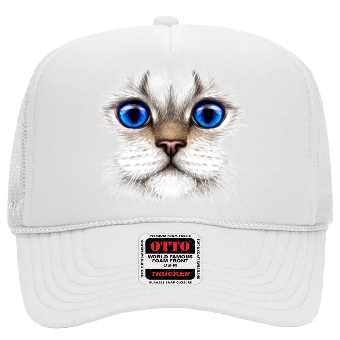 Blue Eyed Realistic Cat Face High Crown Mesh Trucker Hat