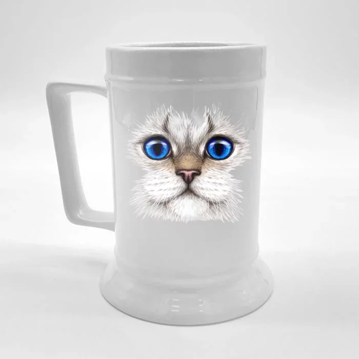 Blue Eyed Realistic Cat Face Front & Back Beer Stein