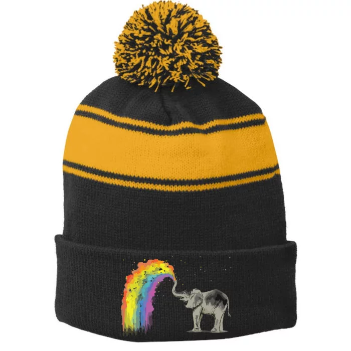 Baby Elephant Spraying Rainbow Stripe Pom Pom Beanie