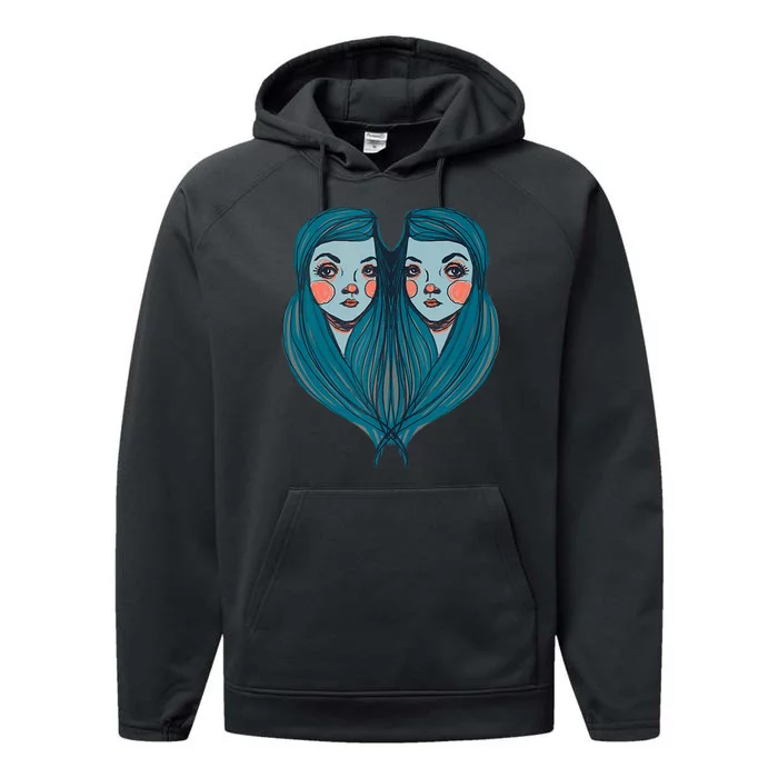 Big Eyes Sad Twin Drawing Retro Mod Blue Hair Kawaii Performance Fleece Hoodie