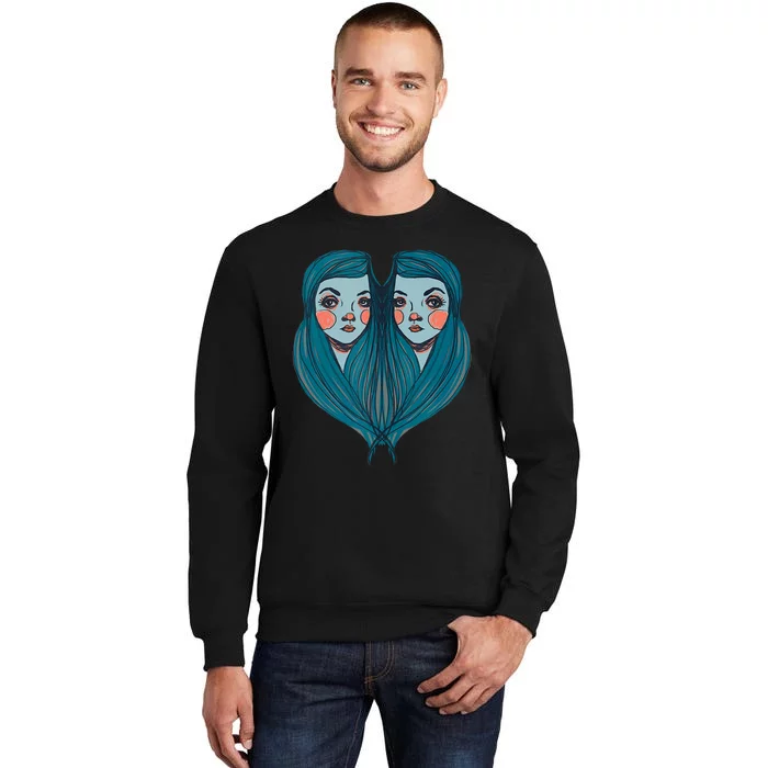 Big Eyes Sad Twin Drawing Retro Mod Blue Hair Kawaii Sweatshirt